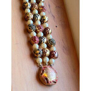 Vintage brass Beaded bracelet Gold Red & Green Metallic Accents & Faux Pearls